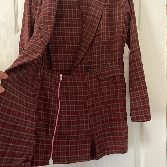 Women’s Maroon Plaid Double-Breasted Blazer Romper - Picture 6 of 10